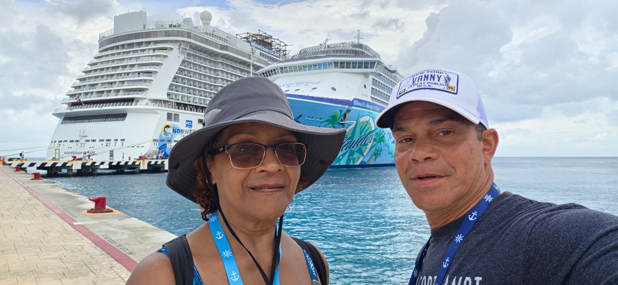 Jean and companion at cruise port with Norwegian Escape